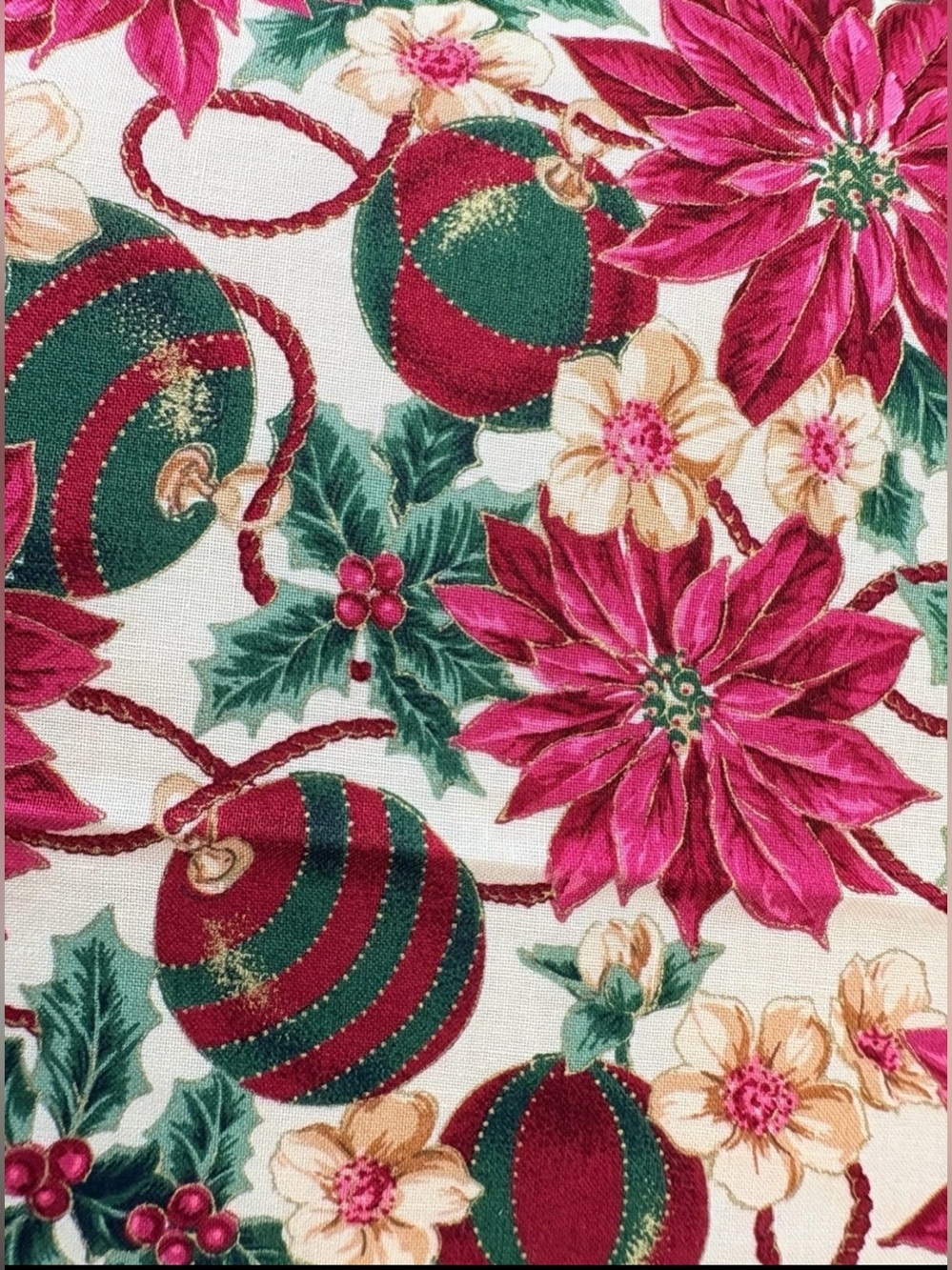 Vintage Cranston Christmas Fabric Burgundy Poinsettia Gold Metallic ~2+ yards